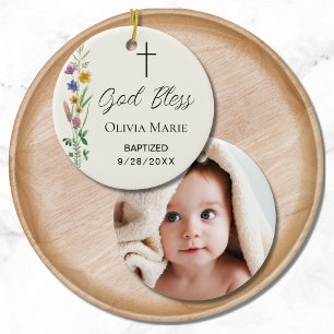 Custom Photo Religious Baptism Wildflower Ceramic Ornament