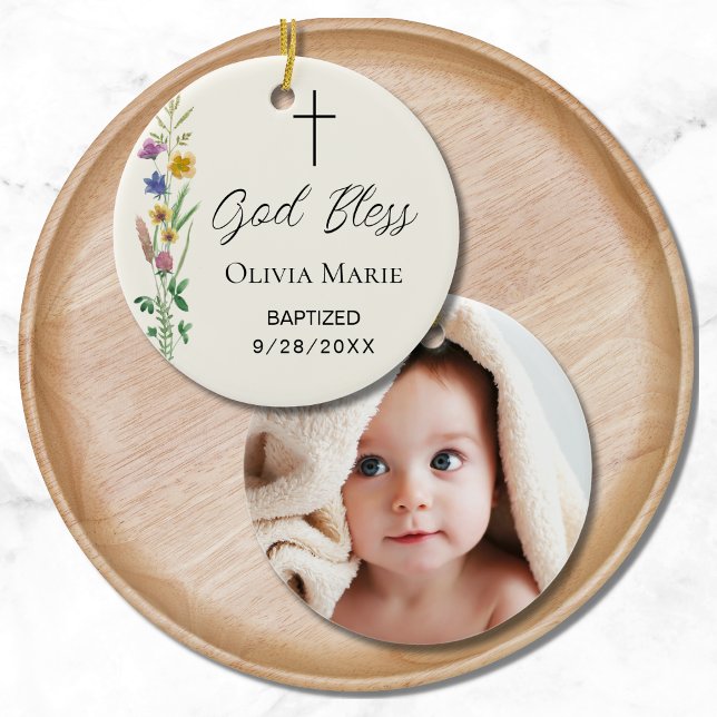 Custom Photo Religious Baptism Wildflower Ceramic Ornament (Creator Uploaded)