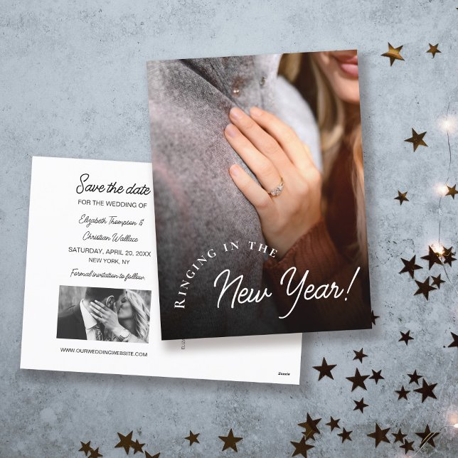Custom Photo Ringing in the new year  Holiday Postcard (Ringing in the new year engaged photo wedding save the date.)