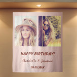 Custom photo rose gold friends birthday tapestry<br><div class="desc">A photo backdrop for 2 persons,  friends,  siblings,  twins.  Rose gold gradient background. Personalise and add 2 photos,  names and date(s)</div>