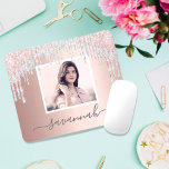 Custom photo rose gold glitter blush pink silver mouse pad<br><div class="desc">A chic rose gold background decorated with blush pink faux silver glitter drips, paint dripping look. Personalise and add your name written with large trendy hand lettered style script with swashes. Grey letters. To keep the swashes only delete the sample name, leave the spaces or emoji's in front and after...</div>