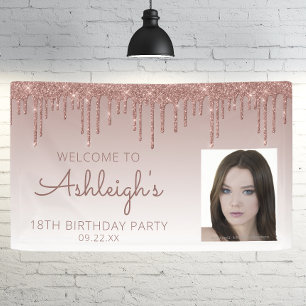 Custom Photo Rose Gold Glitter Drip 18th Birthday Banner