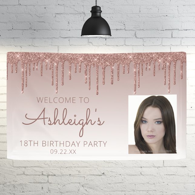 Custom Photo Rose Gold Glitter Drip 18th Birthday Banner (Creator Uploaded)