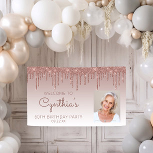 Custom Photo Rose Gold Glitter Drip 60th Birthday Banner