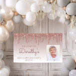 Custom Photo Rose Gold Glitter Drip 90th Birthday Banner<br><div class="desc">Welcome guests with this chic, glamourous 90th birthday party photo banner, featuring a sparkly rose gold faux glitter drip border and rose gold ombre background. Easily replace the sample image with a photo of the guest of honour. Personalise it with her name in rose handwriting script, with the birthday and...</div>