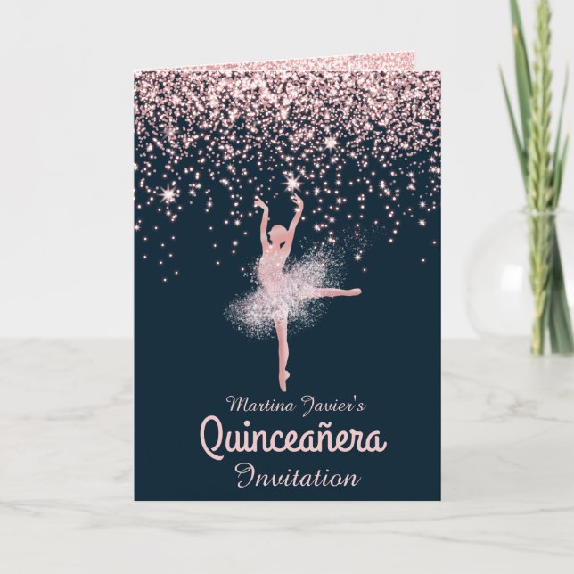 Custom Photo Rose Gold Glitter Quinceañera with Invitation (Front)