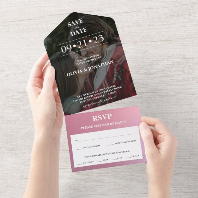 Custom Photo Rose Gold Glitter Save the Date RSVP All In One Invitation (Tearaway)