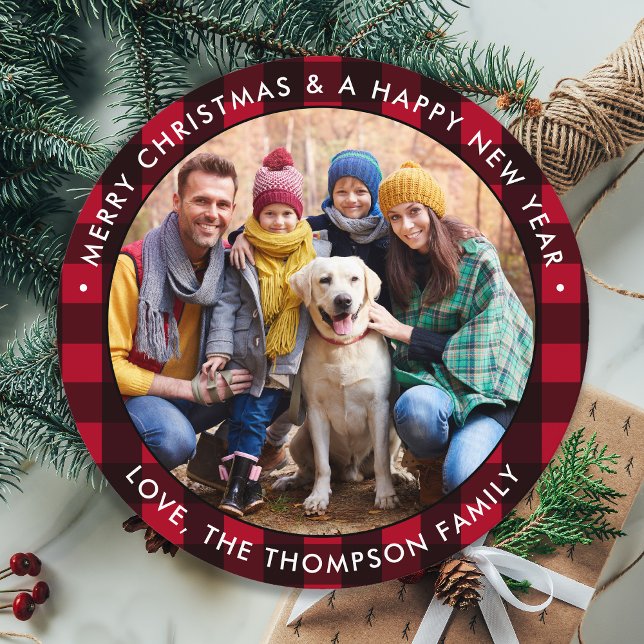 Custom Photo Round Red Buffalo Plaid  Holiday Card (Creator Uploaded)