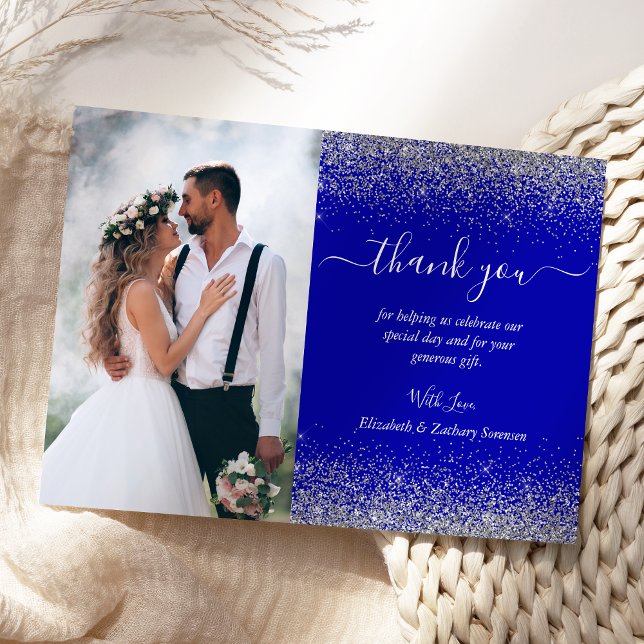 Custom Photo Royal Blue Silver Glitter Wedding Thank You Card (Creator Uploaded)