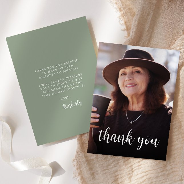Custom Photo Sage Green 60th Birthday Party Thank You Card (Creator Uploaded)