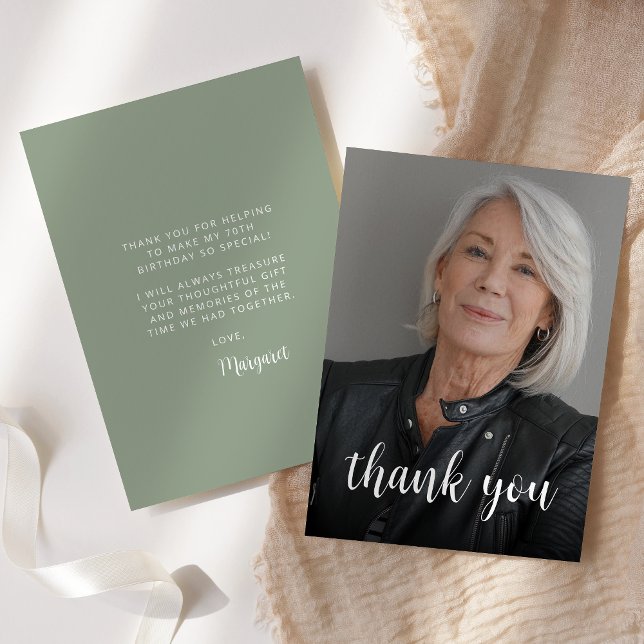 Custom Photo Sage Green 70th Birthday Party Thank You Card (Creator Uploaded)