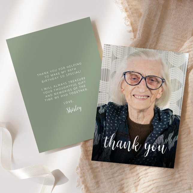 Custom Photo Sage Green 90th Birthday Party Thank You Card (Creator Uploaded)