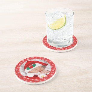 Custom Photo Santa Baby Red Background Snowflakes Coaster