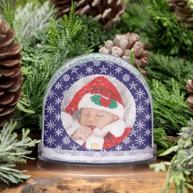 Custom Photo Santa Baby Snowflake Script Blue Snowglobe (Winter)