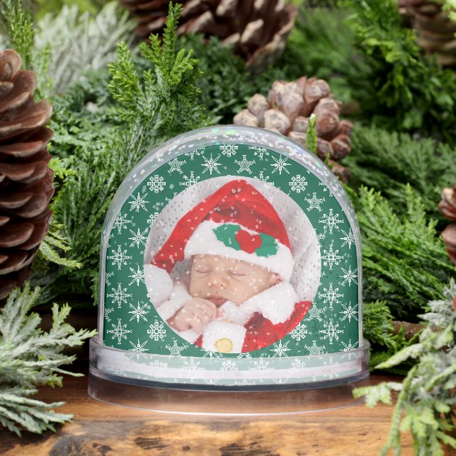 Custom Photo Santa Baby Snowflake Script Green Snowglobe (Winter)