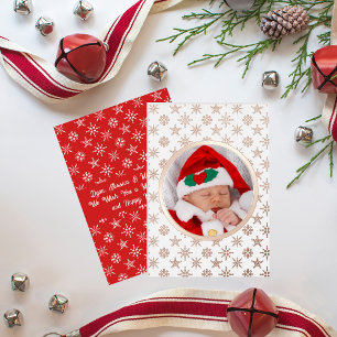 Custom Photo Santa Baby Snowflakes White Red Gold Foil Holiday Card