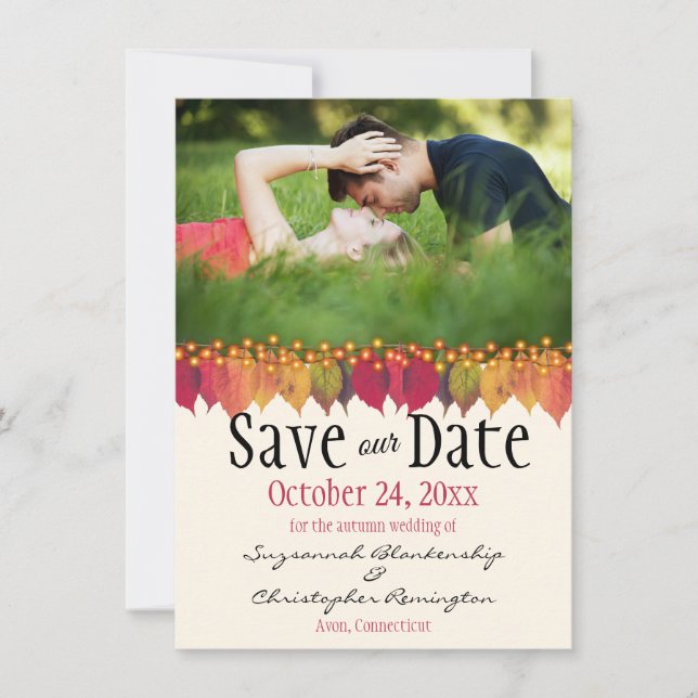  Custom Photo Save The Date Autumn Leaves Lights Announcement (Front)
