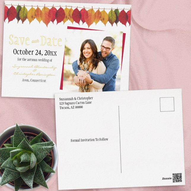 Custom Photo Save The Date Autumn Leaves Postcard (Creator Uploaded)