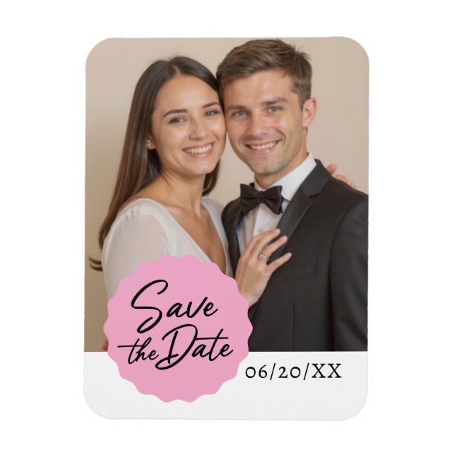 Custom Photo Save The Date Modern Script Emblem Magnet (Vertical)