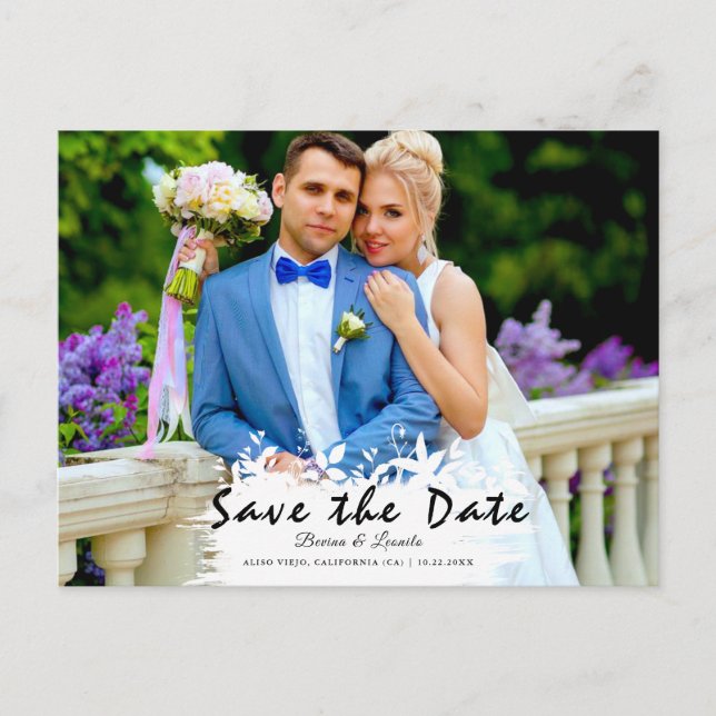 Custom Photo | Save the Date, w Brush Stroke leaf  Postcard (Front)