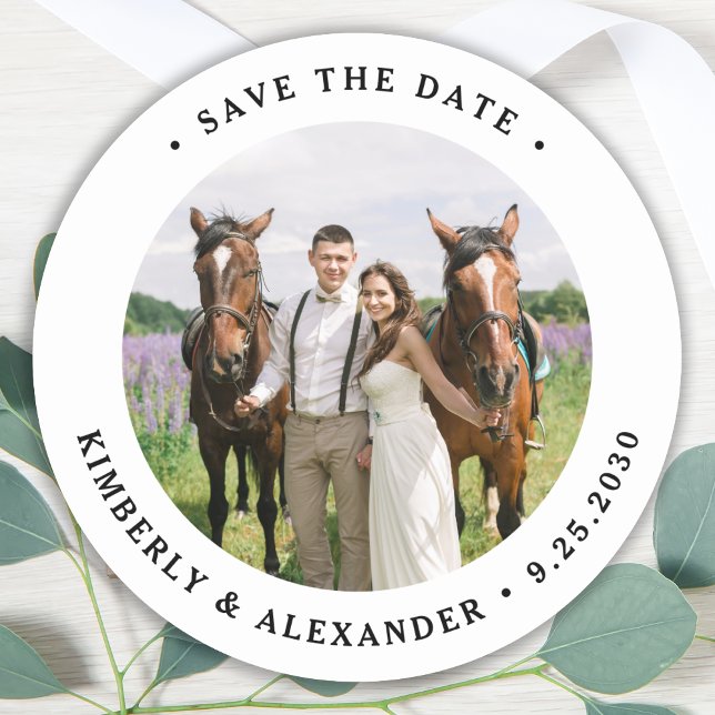 Custom Photo Save The Date Wedding  Classic Round Sticker (Creator Uploaded)