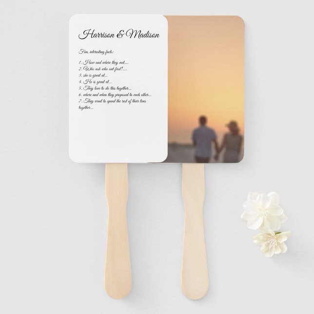 Custom photo & script couple’s fun facts wedding hand fan (Front and Back)