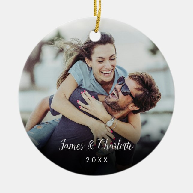 Custom Photo Script Name Date Ceramic Ornament (Front)