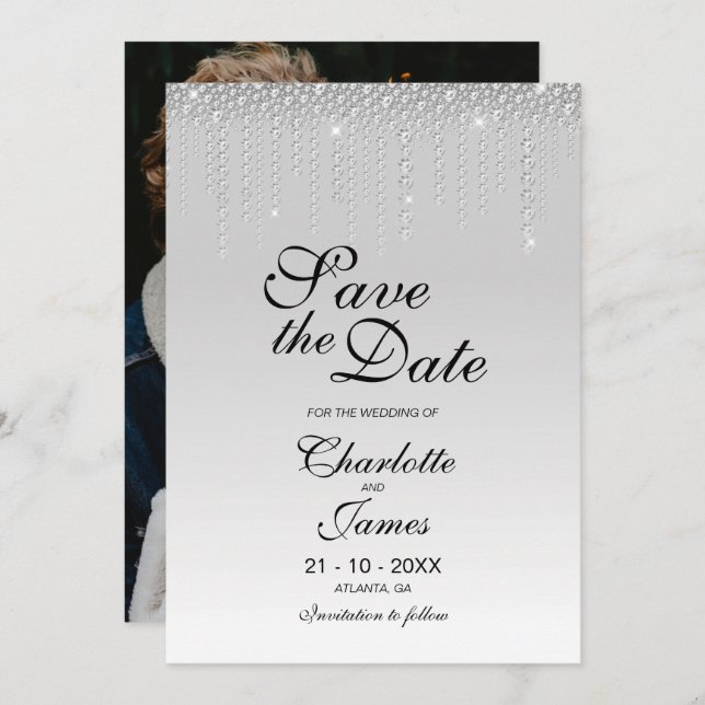 Custom Photo Silver Diamonds Wedding Save The Date (Front/Back)