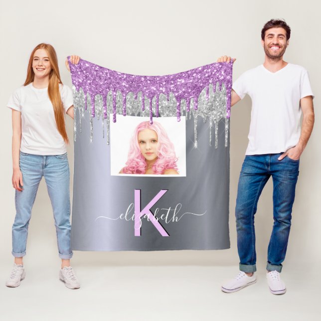 Custom photo silver glitter purple monogram name fleece blanket (In Situ)