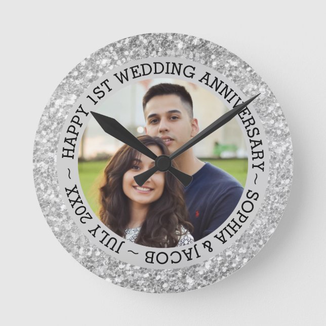 Custom Photo Silver Glitter Round Clock (Front)