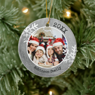 Custom Photo Silver Paint Rustic Snowflake Ceramic Ornament