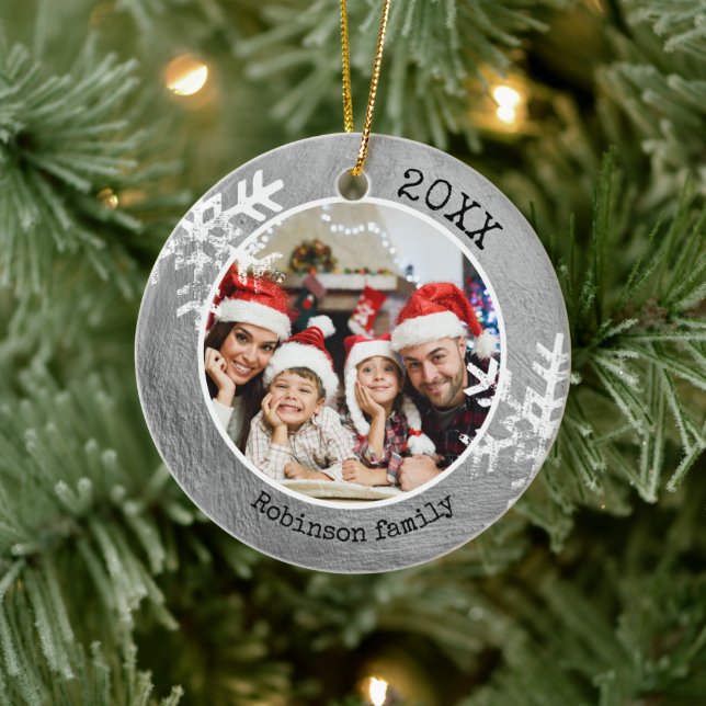 Custom Photo Silver Paint Rustic Snowflake Ceramic Ornament (Tree)