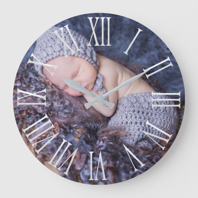 Custom Photo Silver Roman Number Large Clock (Front)