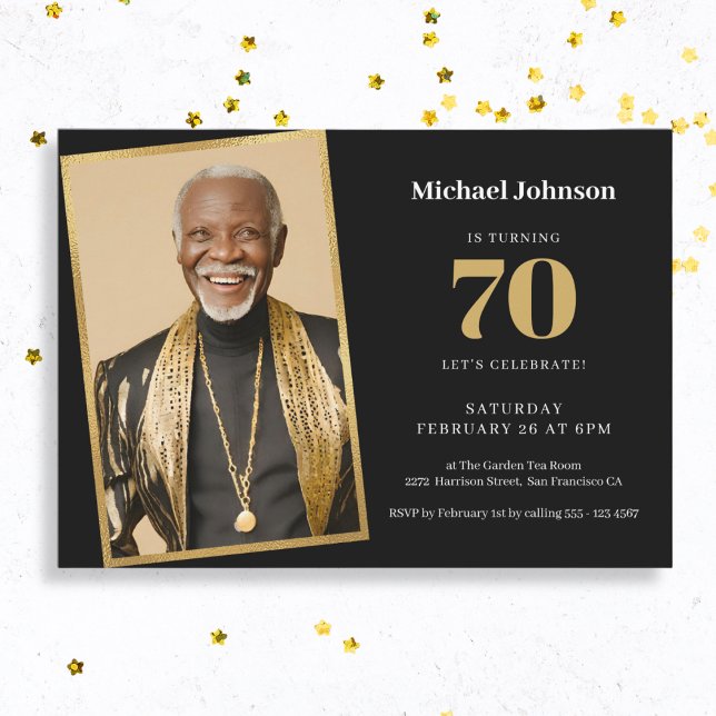 Custom Photo Simple Black Gold 70th Birthday Party Invitation (Mock Up View)