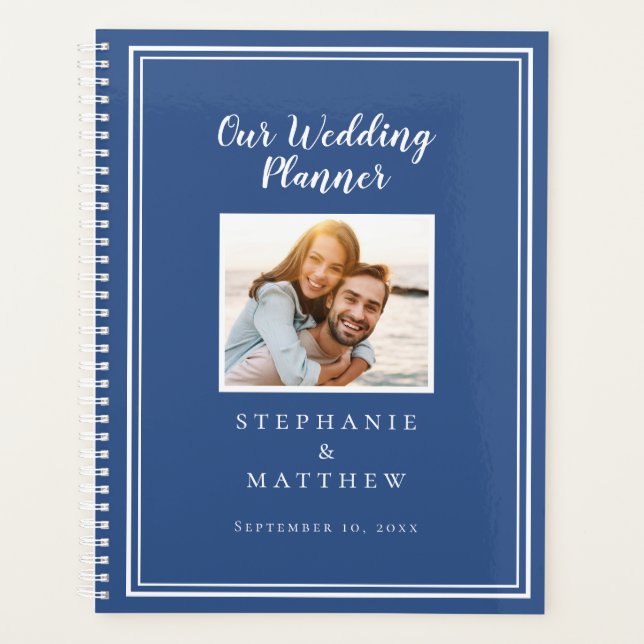 Custom Photo Simple Classic Blue & White Wedding Planner (Front)