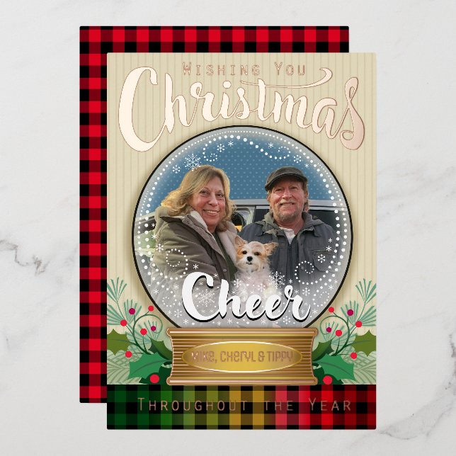 Custom Photo Snow Globe Christmas Real Foil  Foil Holiday Card (Front/Back)