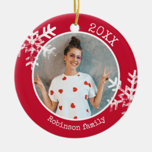 Custom Photo Snowflake Red Circle Ornament