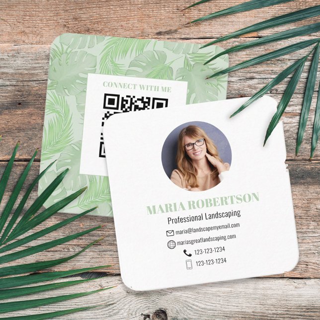 Custom Photo Social Media QR Code Palm Leaves Square Business Card (Business card template with botanical palm leaves, with white and green lettering. )