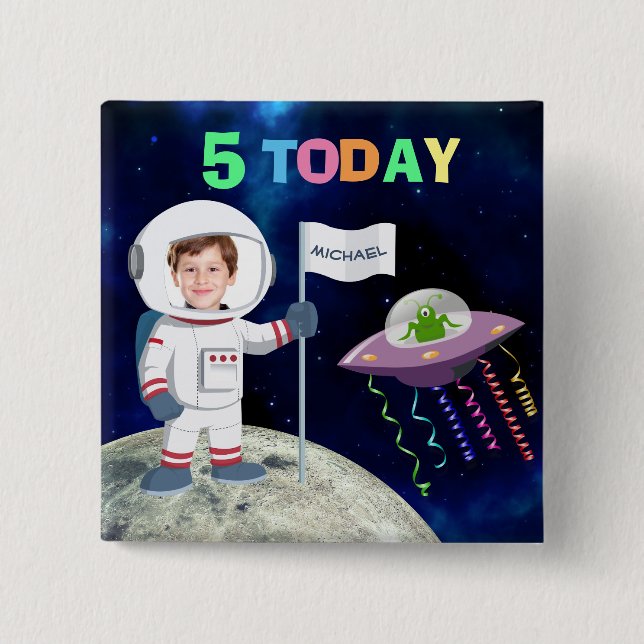 Custom Photo Spaceman Birthday Kids Age 15 Cm Square Badge (Front)