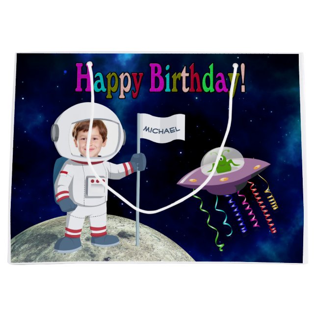 Custom Photo Spaceman Birthday Large Gift Bag (Front)