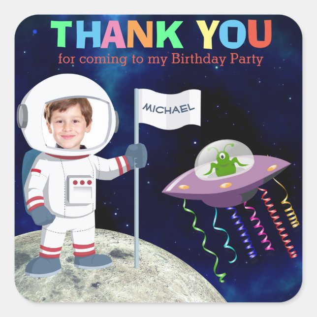 Custom Photo Spaceman Birthday Thank You Square Sticker (Front)