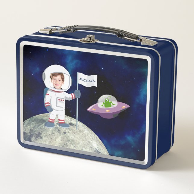 Custom Photo Spaceman on Moon Kids Metal Lunch Box (Front)
