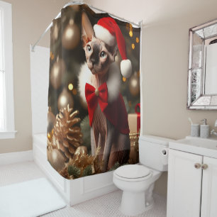 Custom Photo Sphynx Cat Christmas Bathroom Shower Curtain