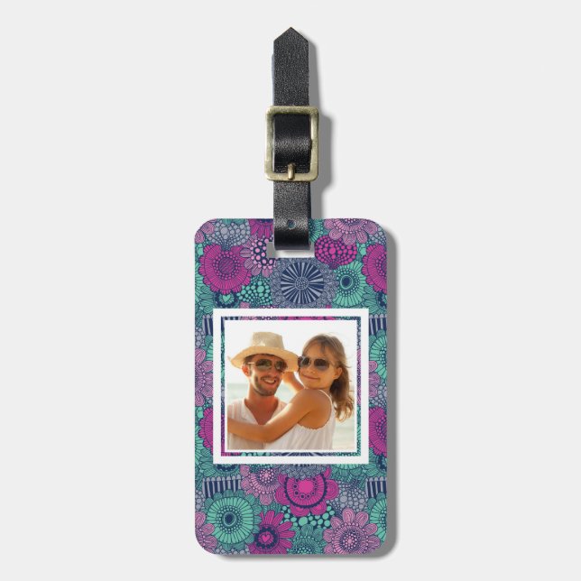 Custom Photo Stylish Floral Pattern Luggage Tag (Front Vertical)