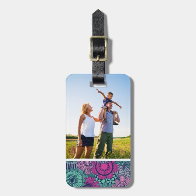 Custom Photo Stylish Floral Pattern Luggage Tag (Front Vertical)