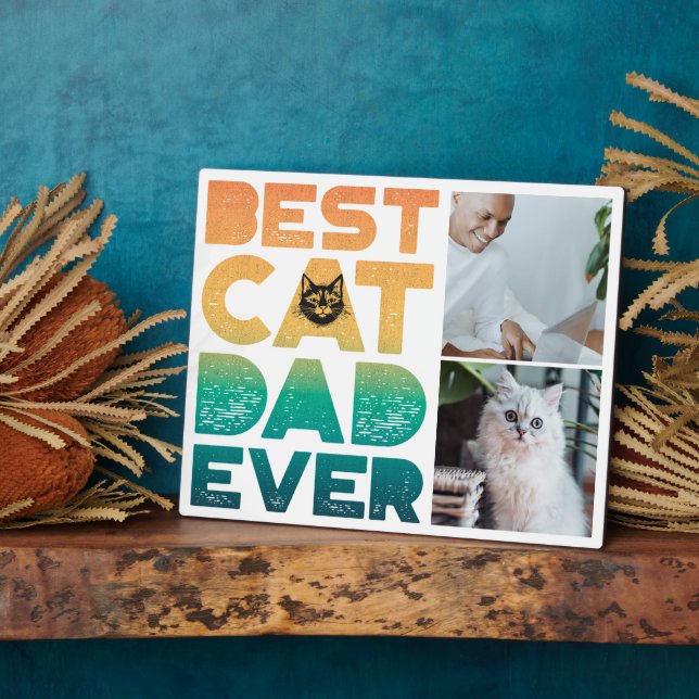 Custom Photo Sunset Fathers Day Best Cat Dad Ever Plaque (Side)