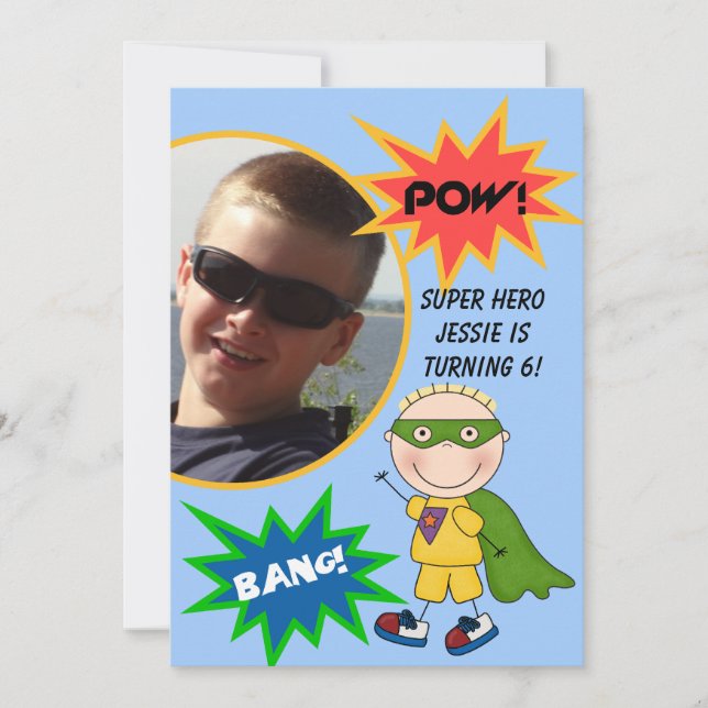 Custom Photo Super Hero Blonde  Boy Birthday Invit Invitation (Front)