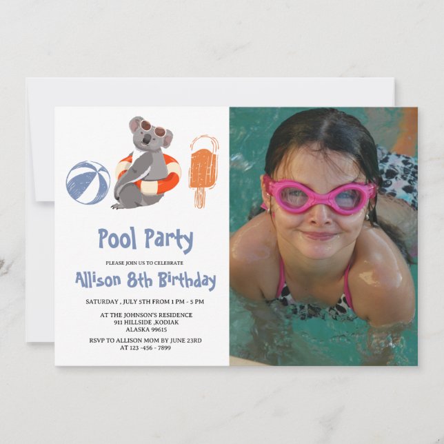 Custom Photo Swimming Pool Birthday Party Invitation (Front)