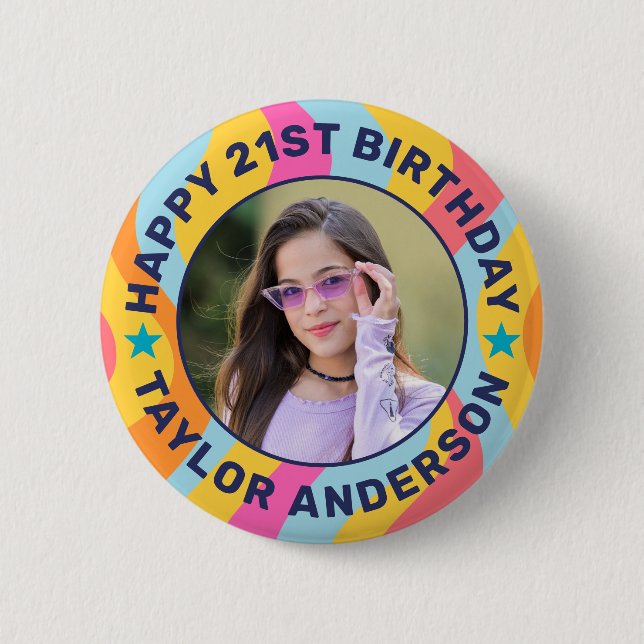 Custom Photo Swirl Pattern Groovy Happy Birthday 6 Cm Round Badge (Front)