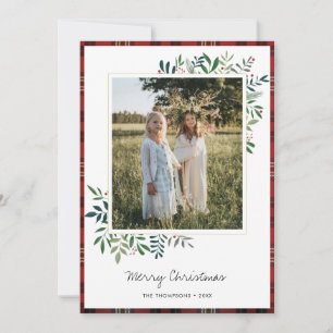 Custom Photo Tartan Border Green Leaves Christmas Holiday Card